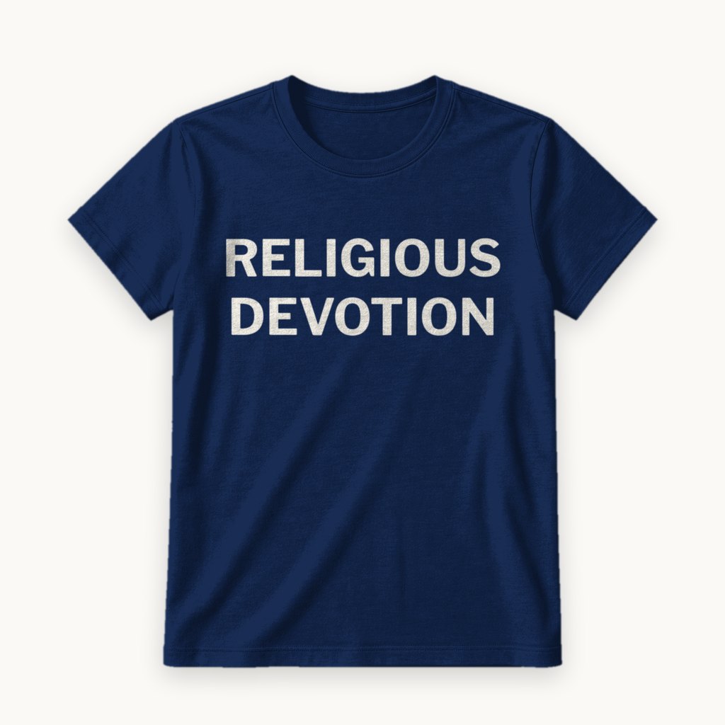 Religious Devotion printed on a Navy tee — product photography