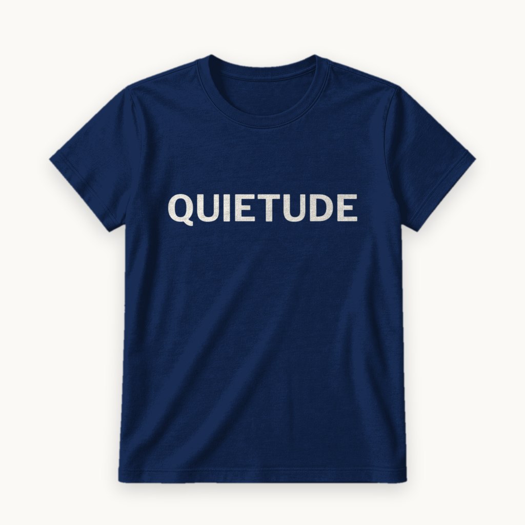 Quietude printed on a Navy tee — product photography
