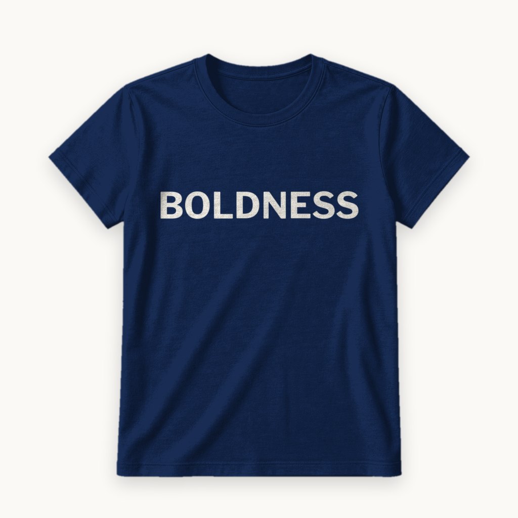 Boldness printed on a Navy tee — product photography