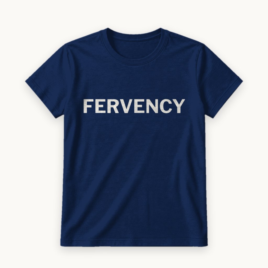 Fervency printed on a Navy tee — product photography