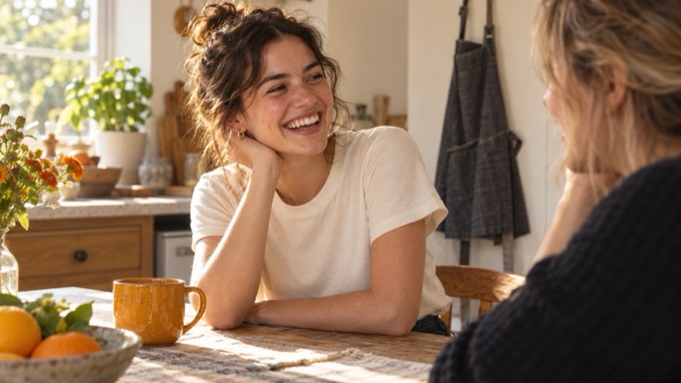 Someone mid-laugh at a warm kitchen table wearing a plain cream tee.