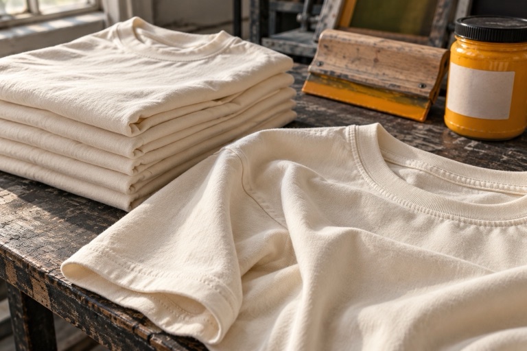 Folded blank tees on a print-shop table beside spools of thread, honest documentary light.