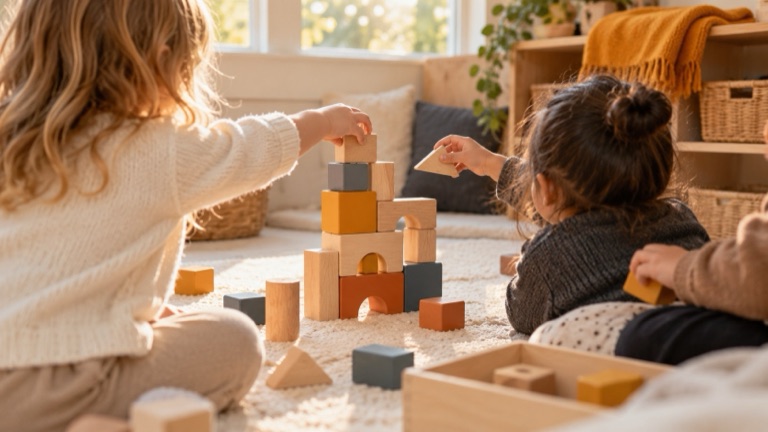 Two children building a block tower together on a cream rug in warm afternoon light.