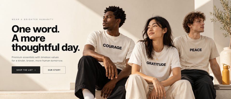 Three people seated on a sunlit cream ledge wearing the COURAGE, GRATITUDE and PEACE virtue tees, beside a potted olive and a mustard bottle. Printed alongside them: Wear a Brighter Humanity — One word. A more thoughtful day.