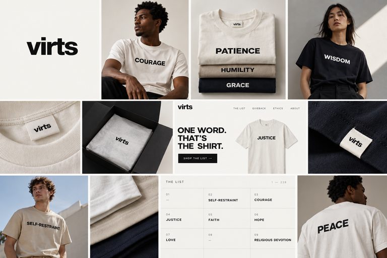 Virts brand lookbook mosaic: models wearing the Courage, Wisdom, Self-Restraint and Peace tees; a folded stack of Patience, Humility and Grace shirts; the woven neck tag and gift-box packaging; a website hero mockup; and The List catalog table numbered 1 to 228.